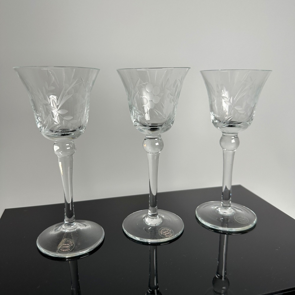 Vtg Romanian Danish Design Etched Grape Vine Port Sherry Aperitif‎ Glasses Set 3